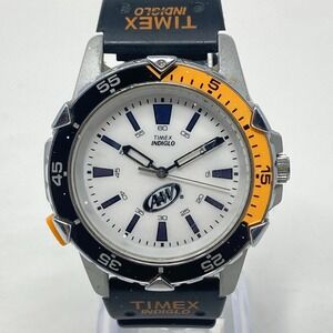 Vtg Timex Mens Watch 40mm Silver Tone Indiglo A&W Orange Bezel READ New Battery